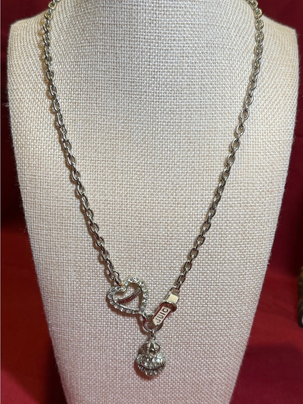 Juicy Couture Vintage Y2K Silver-Tone Crystal Heart & Crown Pendant Necklace